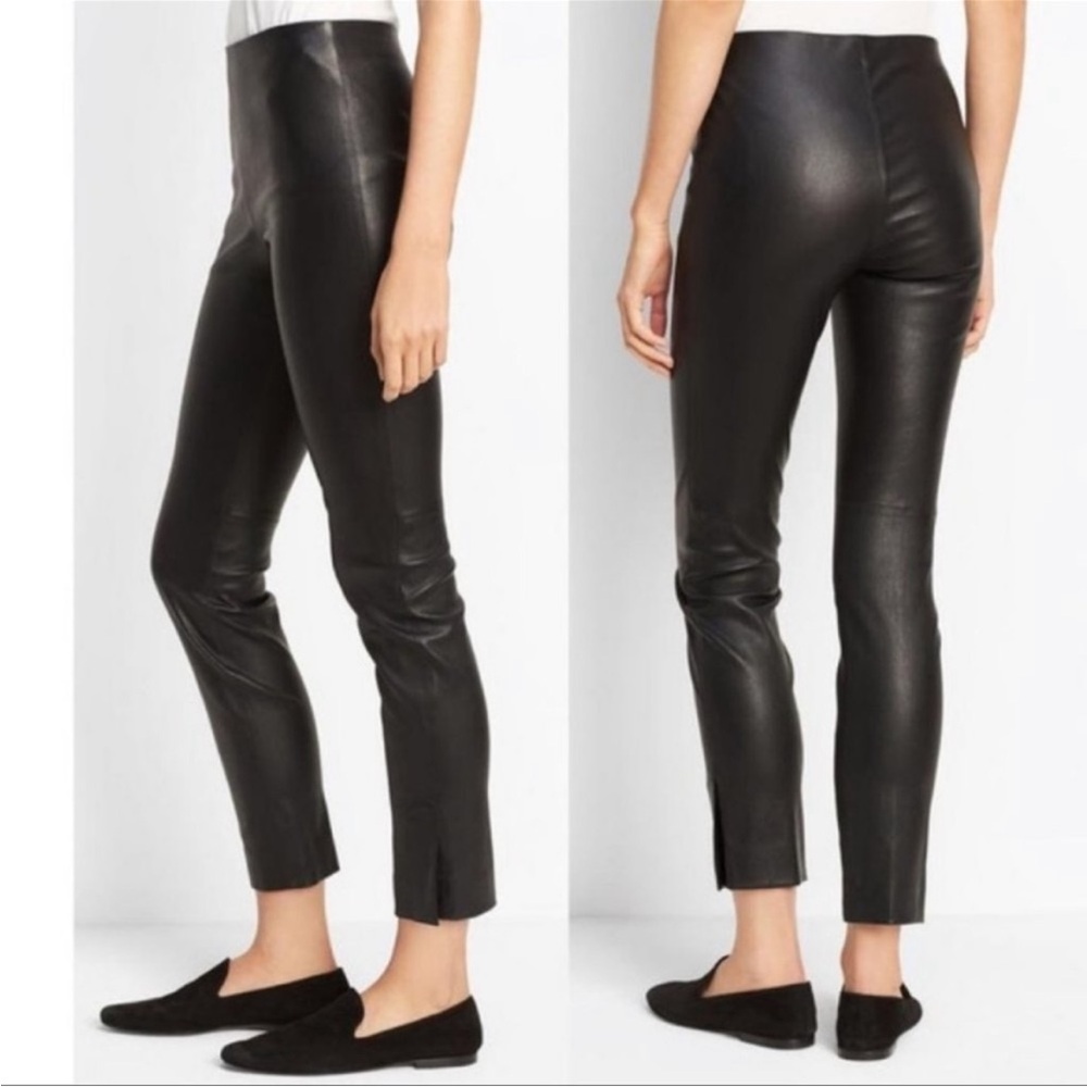 Vince Black Leather Stretch Split Hem Crop Pants Lamb Leather XS Pull On